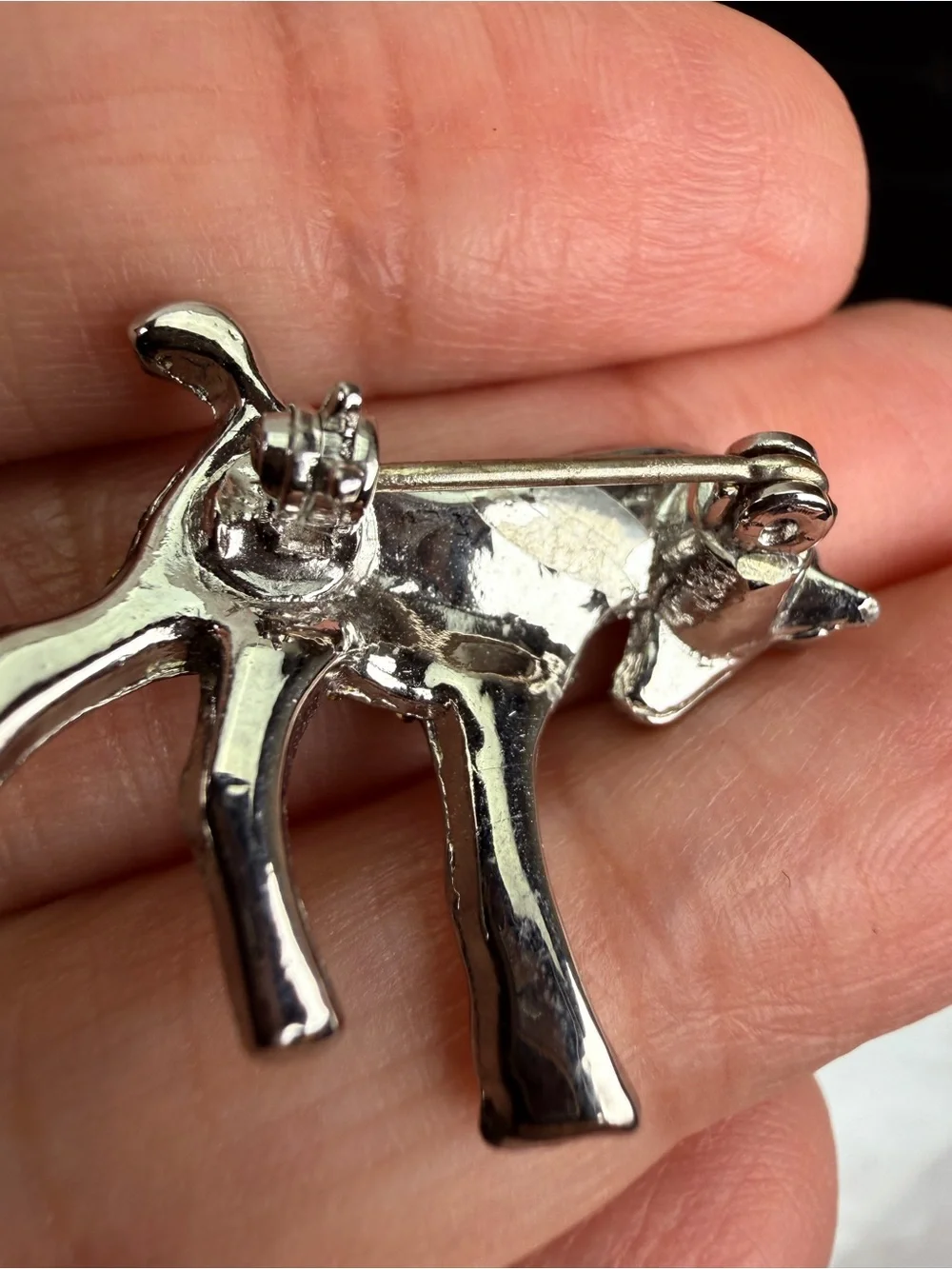 Vintage Silver Tone Lamb Sheep Brooch Clear Stones Red Eye Figural Pin